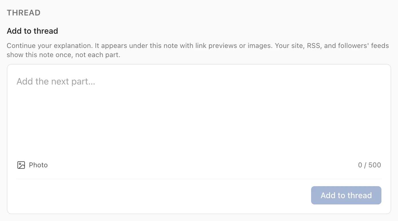 The Add to thread composer at the bottom of a note’s page in the dashboard, with a Photo button