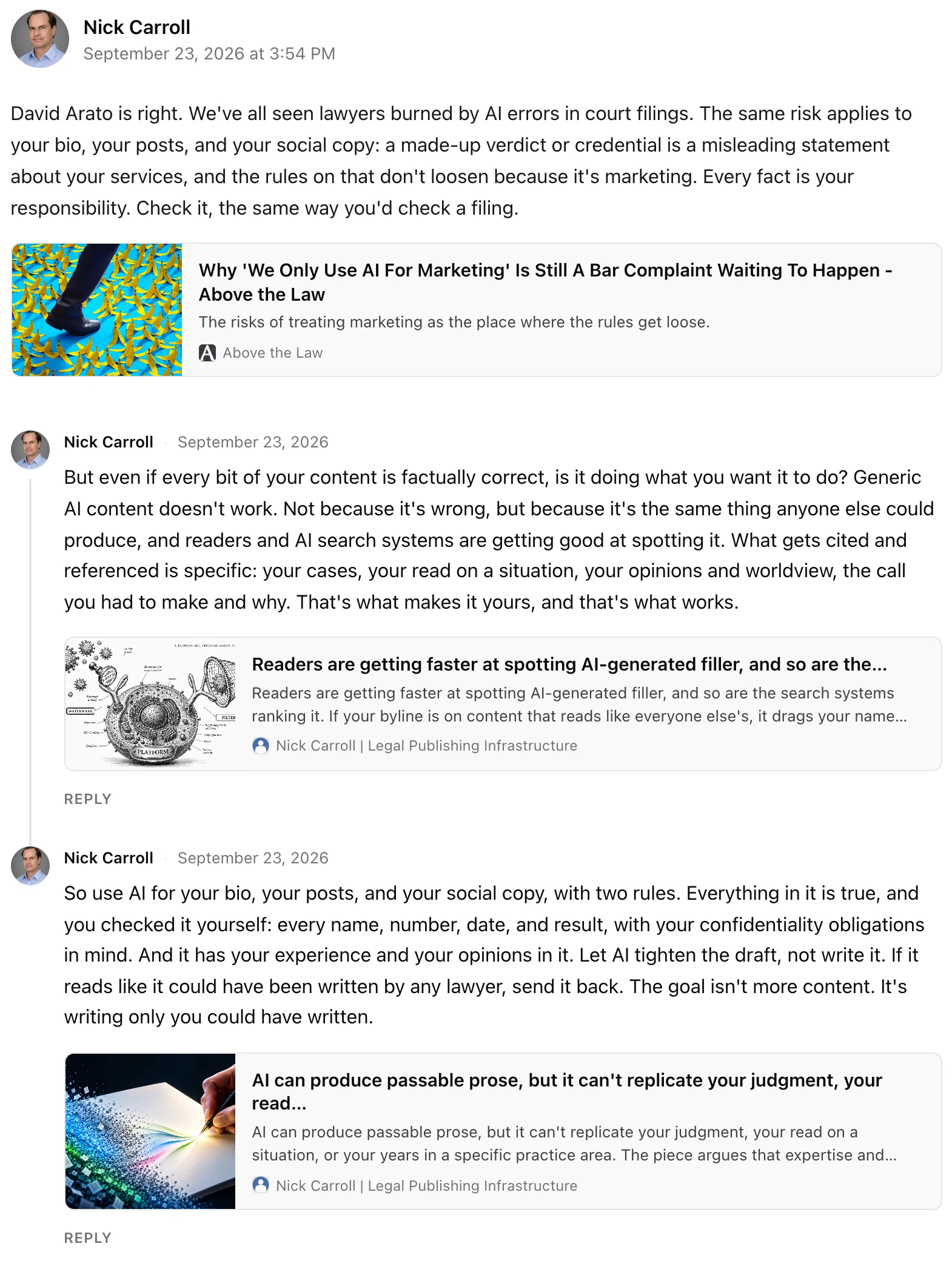 A note on nickcarroll.com with two thread entries beneath it, each with a link preview card