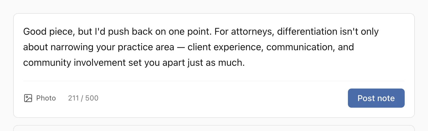 The publish.law Notes composer, with a short comment on an article typed in and ready to post.