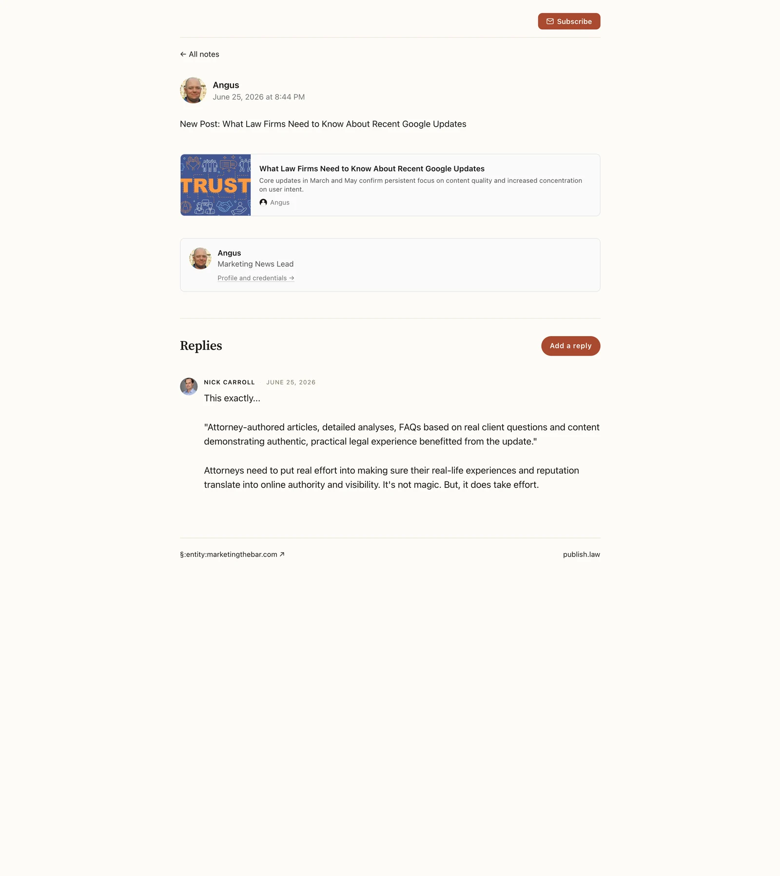 A Note on an attorney’s publish.law site about recent Google updates, with a thoughtful reply from another attorney beneath it.
