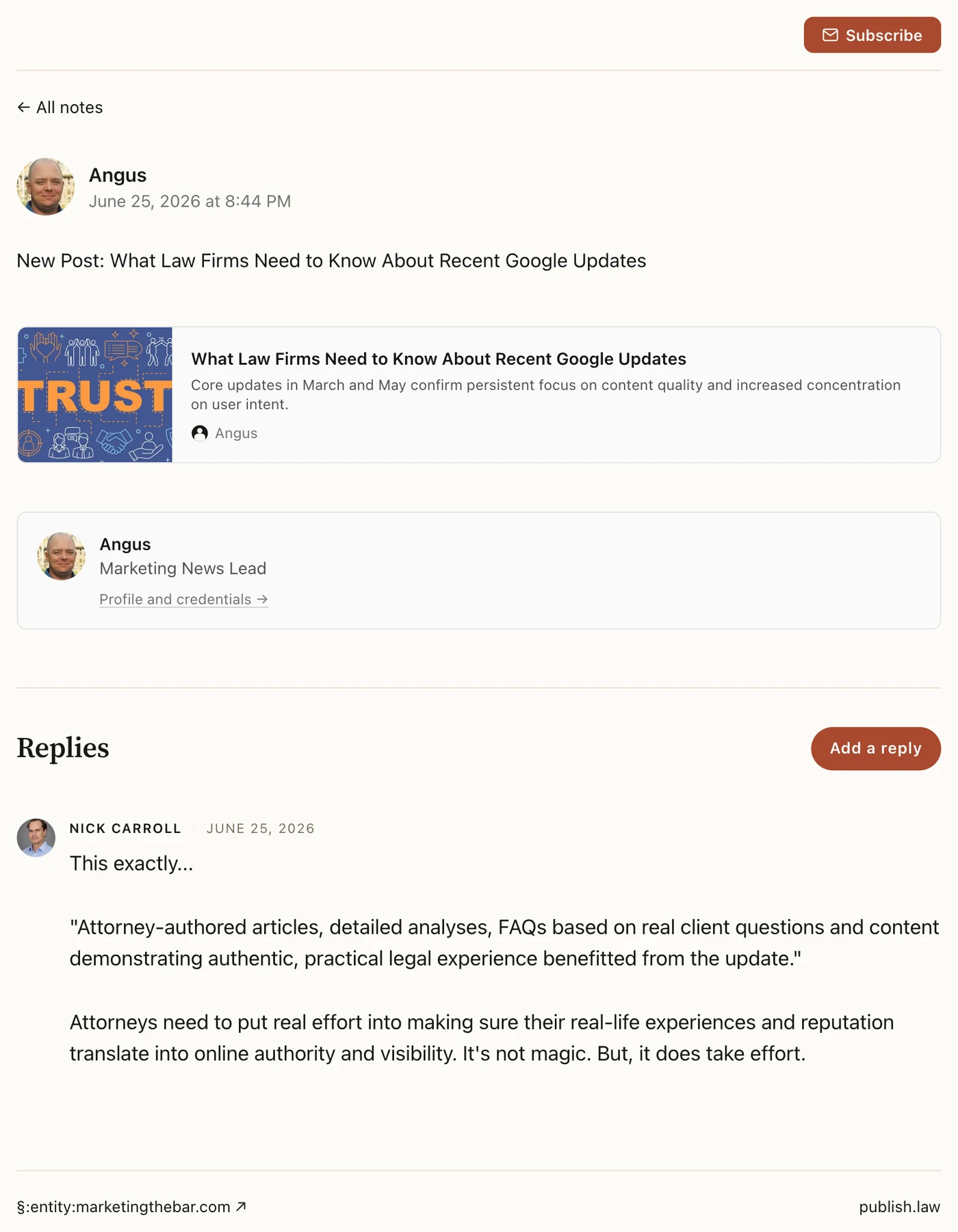 A Note on an attorney’s publish.law site about recent Google updates, with a thoughtful reply from another attorney beneath it.