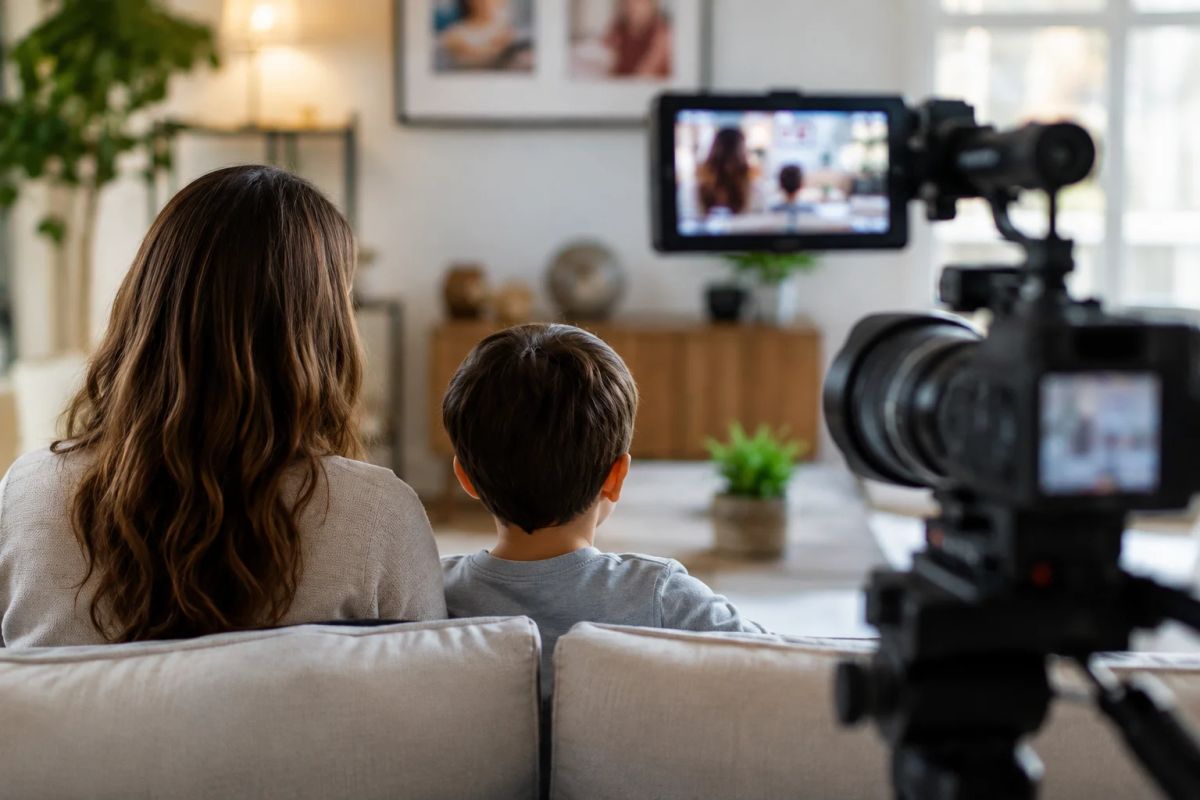 A mom and son sitting on a couch being filmed from behind.