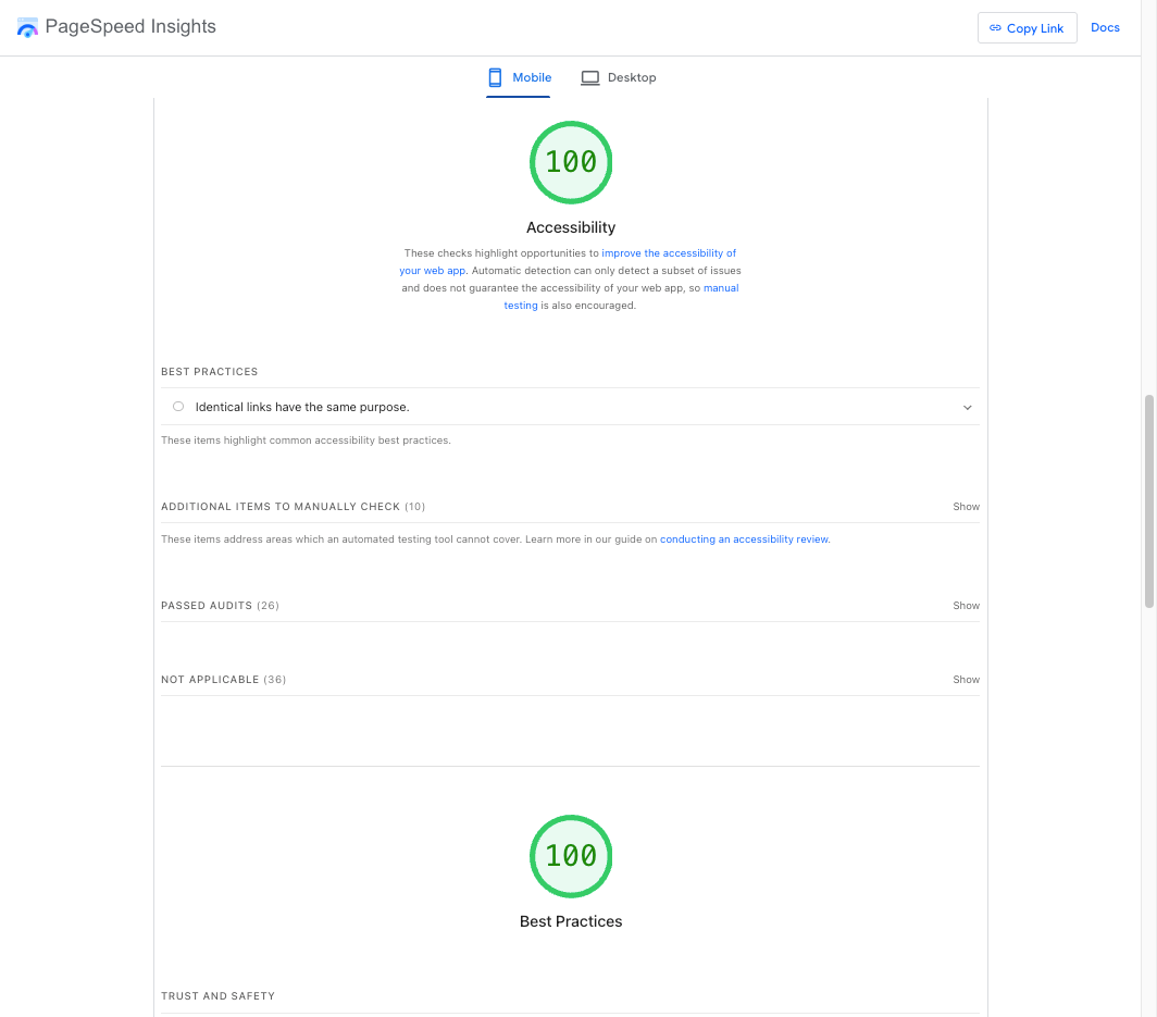 PageSpeed Insights detail showing a score of 100 for Accessibility and 100 for Best Practices, with 26 accessibility audits passed.