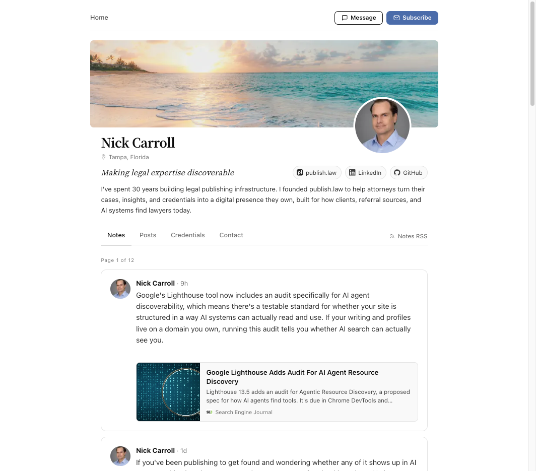 The home page of nickcarroll.com, the site that was tested. It shows a profile header for Nick Carroll with a list of notes below it.