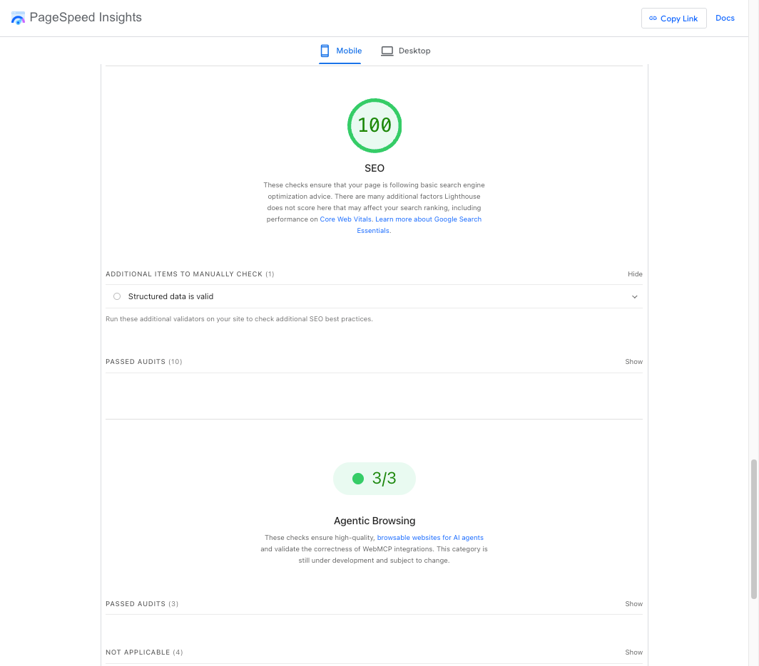 PageSpeed Insights detail showing a score of 100 for SEO and 3 of 3 for Agentic Browsing, a new category that checks whether a site works well for AI agents.