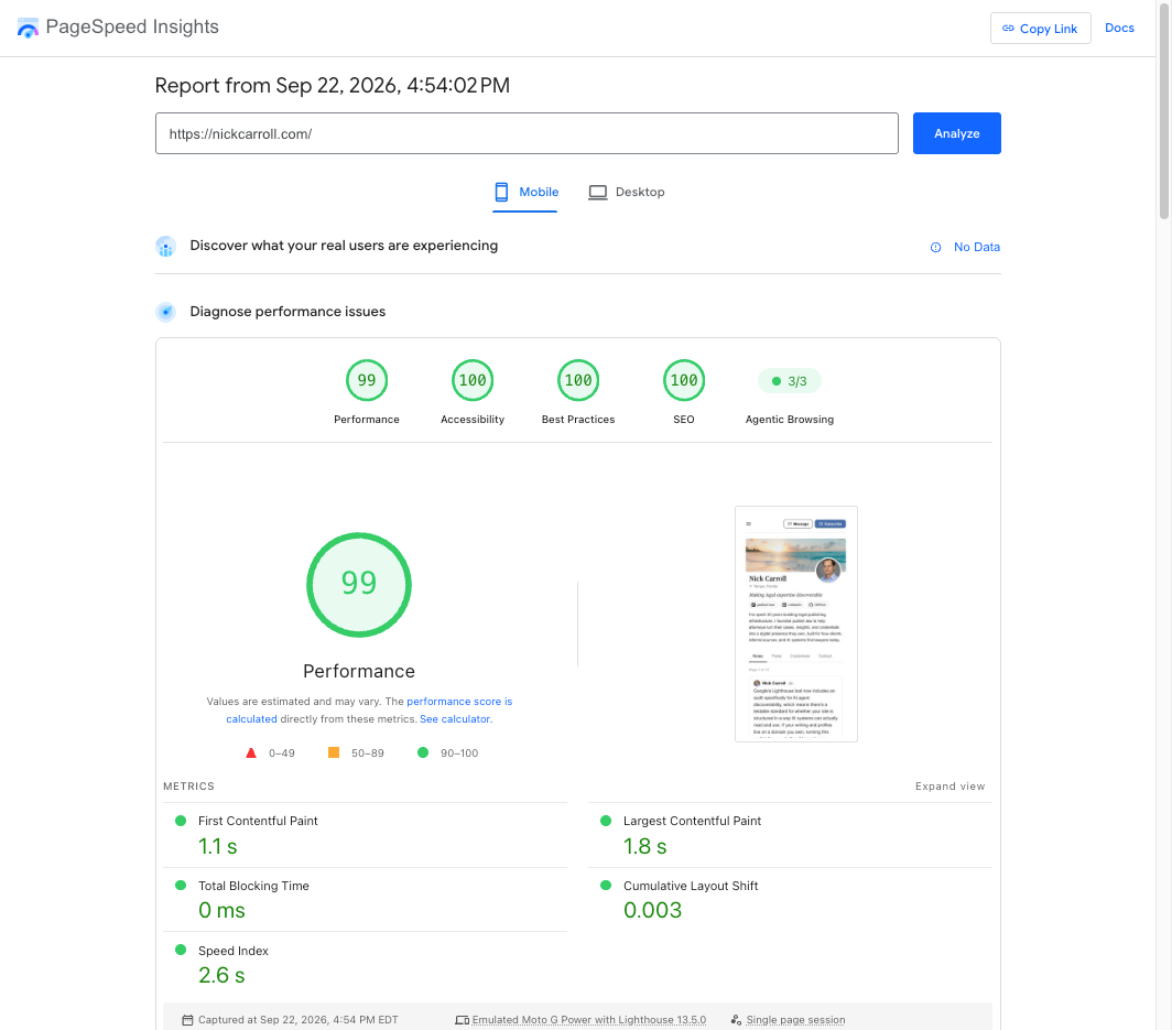 PageSpeed Insights mobile report for nickcarroll.com. Scores: Performance 99, Accessibility 100, Best Practices 100, SEO 100, Agentic Browsing 3 of 3. Page loads in 1.1 seconds for first content and 1.8 seconds for the largest content.