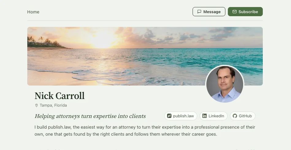 Hero banner for Nick Carroll's publish.law site, a tropical sunset over the water